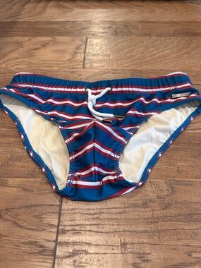 Parke & Ronen Blue and Red Striped Men’s Swim Briefs